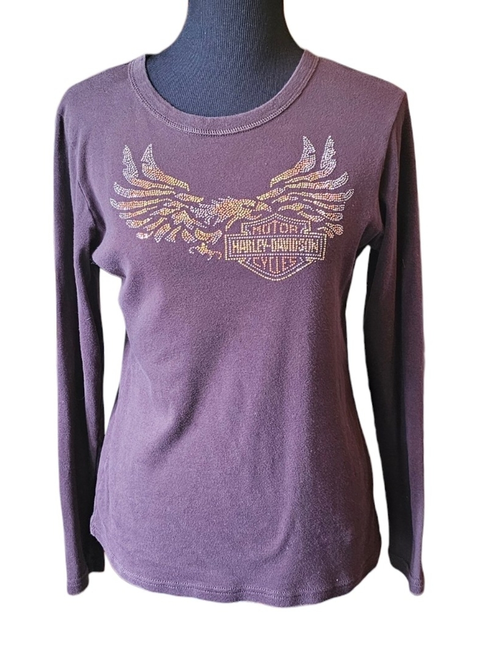 Harley Davidson Brown Rhinestone Eagle Long Sleeve Top Women’s L Y2K Biker